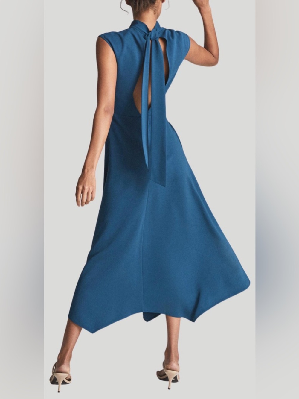 Reiss Teal-Blue Backless Midi Dress with Tie Neck